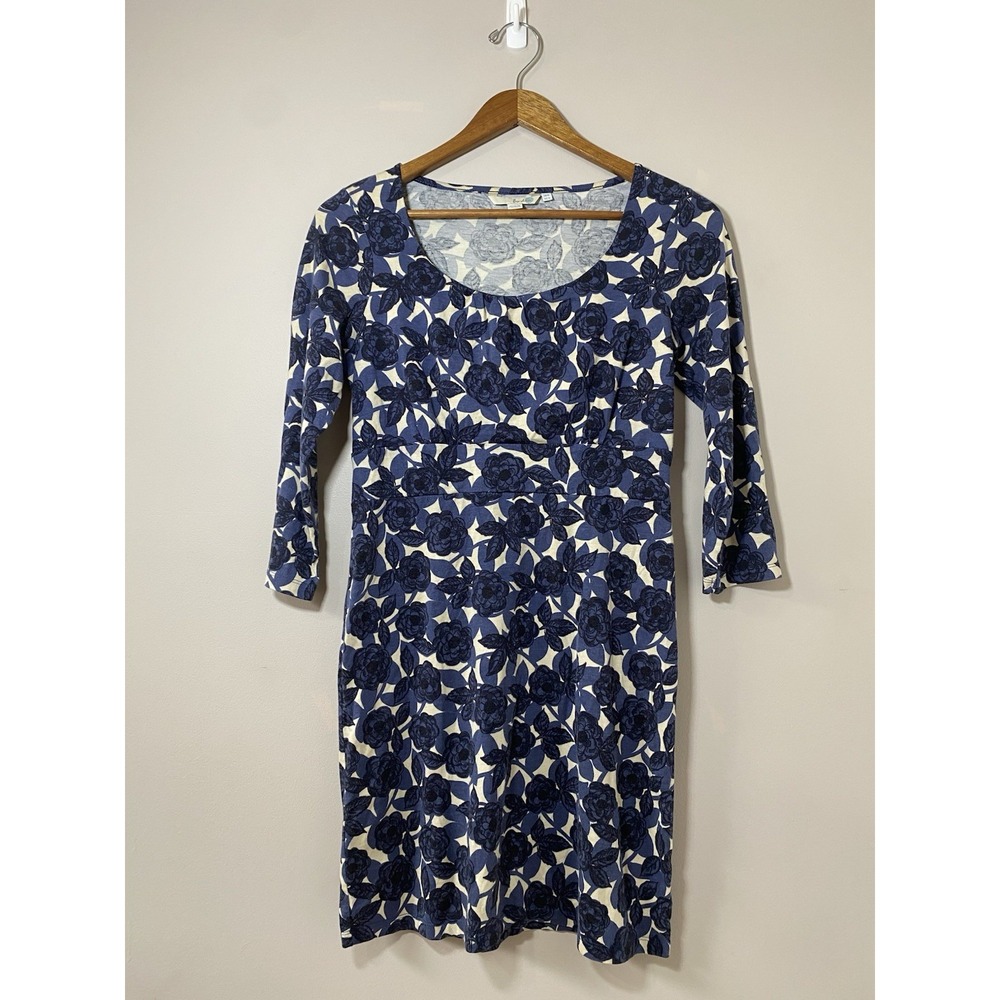 Boden Floral Dress Womens‎ Size 6 Blue Rose Jersey Knit 3/4 Sleeve Shift Stretch